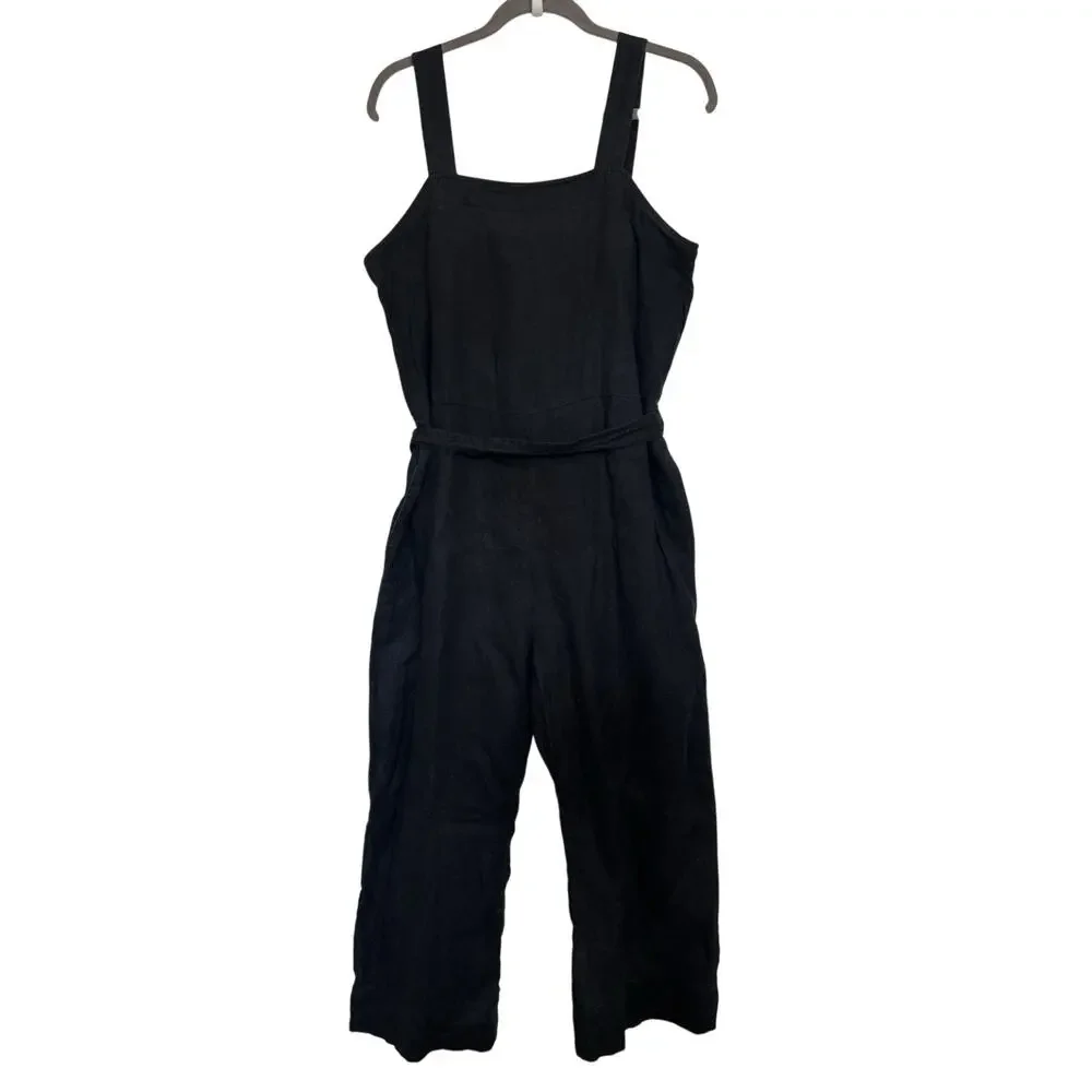 Quince 100% European Linen Square Neck Black Jumpsuit L Belt Pockets Sustainable